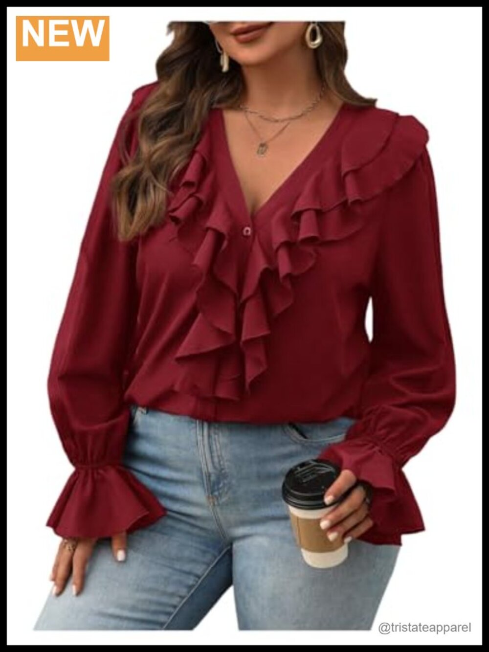 Plus Size Ruffle Sleeve V Neck Button Down Blouse Office Work Top Polyester